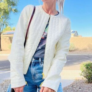 Bagatelle faux white leather moto jacket with gold tone accents and zippers size